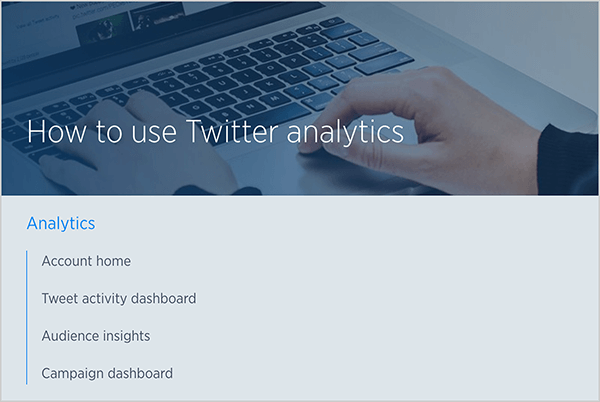 Dette er et screenshot af en Twitter-hjælpeartikel med titlen "Sådan bruges Twitter-analyse." I baggrunden er et foto af en hvid persons hænder, der skriver på et bærbar tastatur. Under billedet er en liste over emner, der er omfattet af artiklen: Kontohjem, Tweet-aktivitetsdashboard, Publikumsindsigt og Kampagnedashboard.