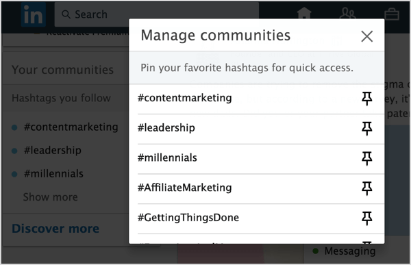 Klik på ikonet Pin ved siden af ​​de LinkedIn-hashtags, du vil føje til pin på din liste.
