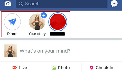 Adgang til Facebook-historier og den direkte indbakke.