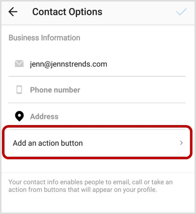 Tilføj en handlingsknap på Instagram-skærmbilledet Kontaktindstillinger
