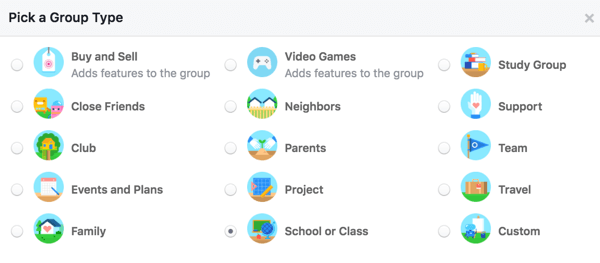 Vælg en gruppetype for at fortælle brugerne mere om din gruppe.