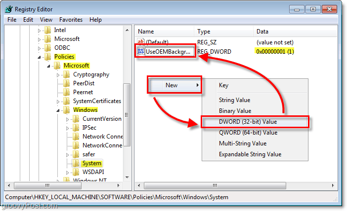 Gennemse til Windows 7-registernøglen HKEY_LOCAL_MACHINESOFTWAREPoliciesMicrosoftWindowsSystem