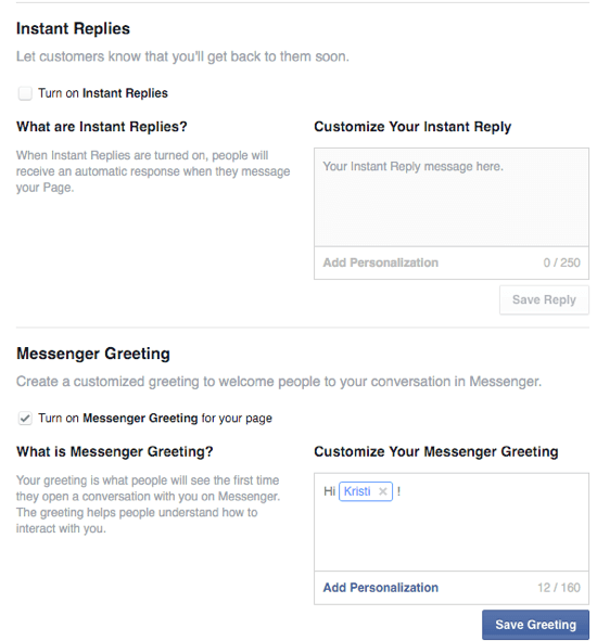 muligheder for facebook øjeblikkelige svar og hilsner