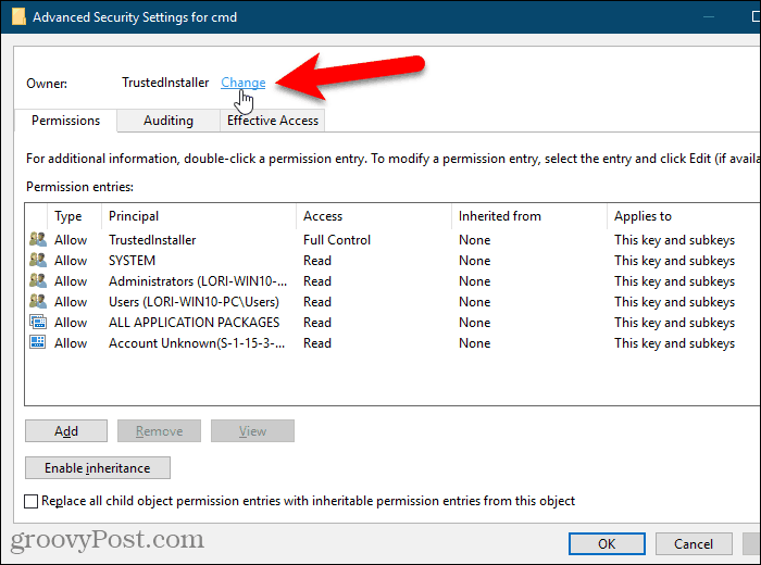 Klik på linket Skift for ejeren af ​​en nøgle i Windows-registreringsdatabasen