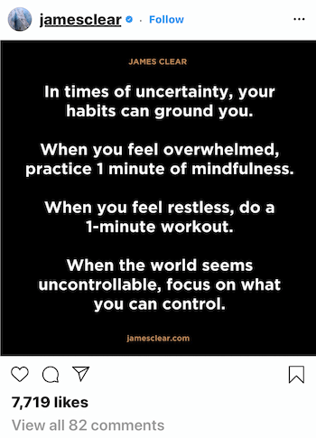 James Clear Instagram-indlæg om, hvordan vaner kan give dig grund til i usikkerhedstid