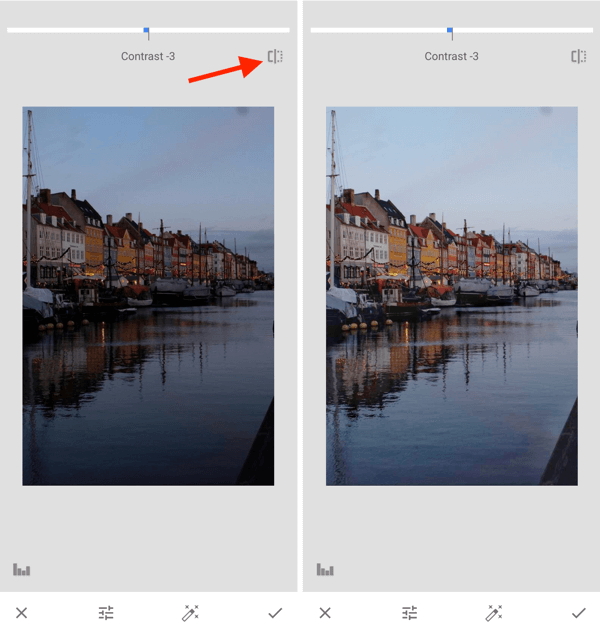 Sådan forbedres dine instagram-fotos, trin 10, justerer eksponeringen efter optagelsesindstillinger, skift mellem original og redigering