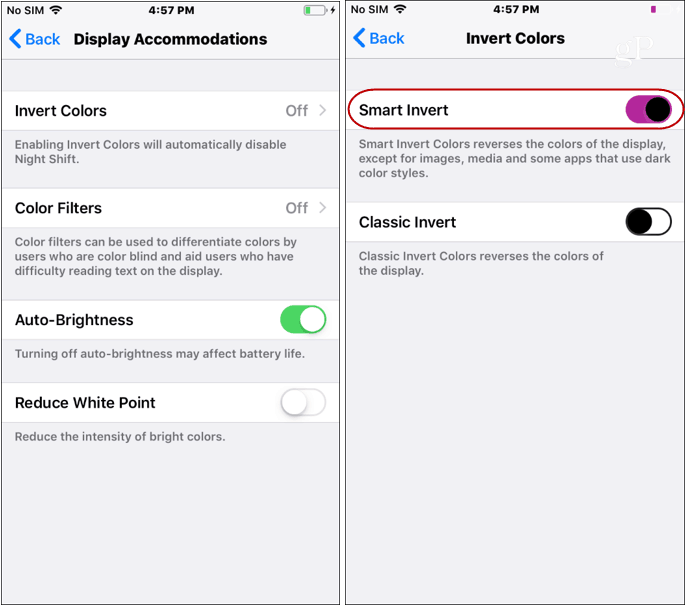 iOS Dark Mode-indstillinger inverterer farver