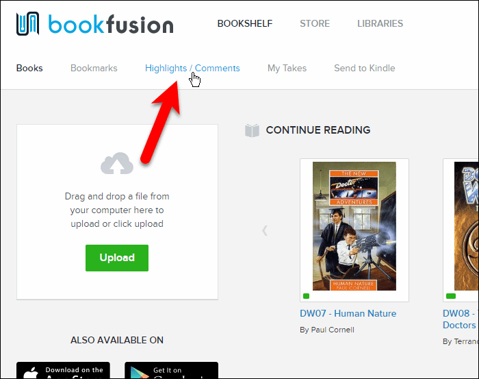 Klik på Højdepunkter / kommentarer i BookFusion-webgrænsefladen