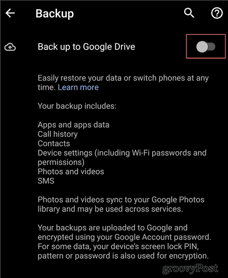 Android Backup-indstillinger backup til drev
