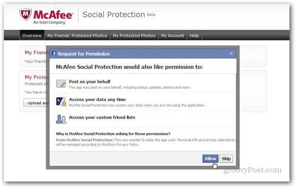 mcaffee social beskyttelse tilladelser facebook