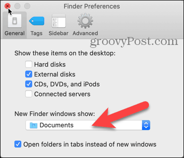 Klik på rullelisten New Finder-vinduer i Finder-indstillinger på din Mac
