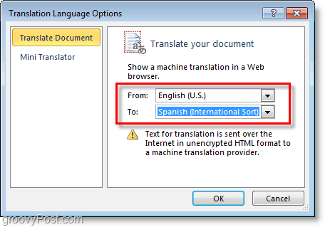 vælg et sprog til Microsoft Word, der skal oversættes til