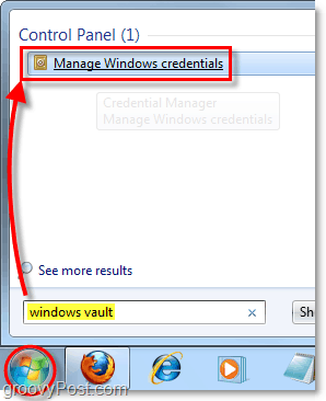 få adgang til vinduerhvelv fra søgningen i menuen Start i Windows 7