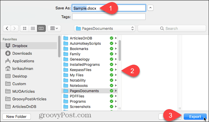 Vælg placering for den eksporterede fil, og klik på Eksporter i Pages for Mac