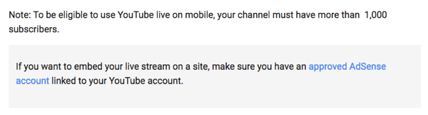 YouTube Live via mobil kræver, at du har 1000 eller flere tilhængere til din kanal.