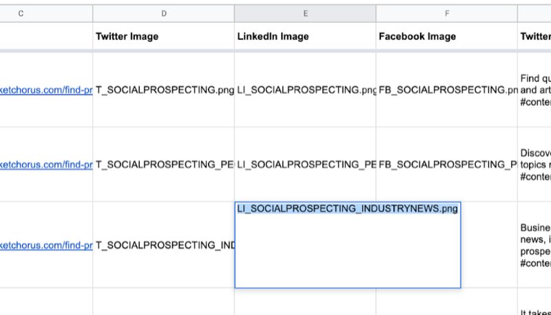eksempel på google ark med delvise data udfyldt til twitter, linkedin, facebook billednavne som netop oprettet i canva