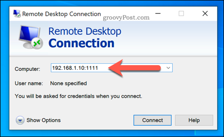 Oprettelse af en Windows Remote Desktop-forbindelse ved hjælp af en brugerdefineret RDP-port