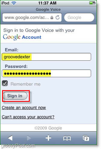 find google-stemme-mobil-appwebstedet, og indtast derefter dine legitimationsoplysninger