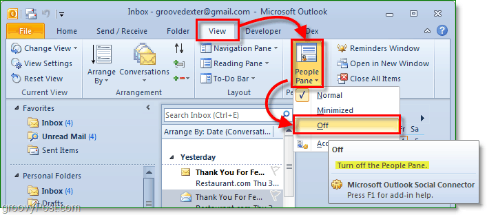 hvordan man deaktiverer personpanelet i Microsoft Office Outlook 2010