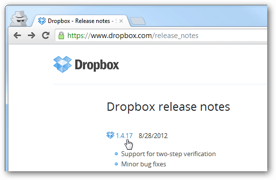 dropbox-udgivelsesnotater for hver version