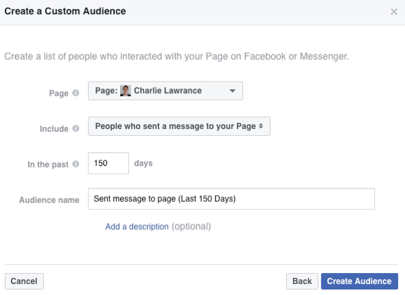 Vælg muligheden for at oprette et publikum af mennesker, der har sendt en besked til din Facebook-side.