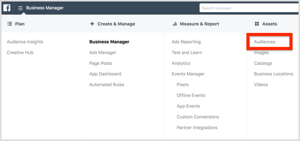 Vælg målgrupper i menuen Facebook Business Manager.
