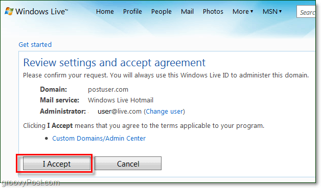 gennemgå og acceptere Windows Live-domænes e-mail-betingelser