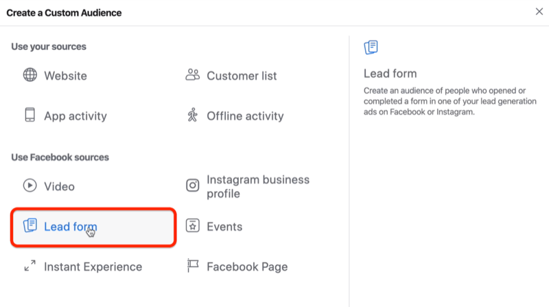 Lead Form-mulighed for Facebook-tilpasset publikum