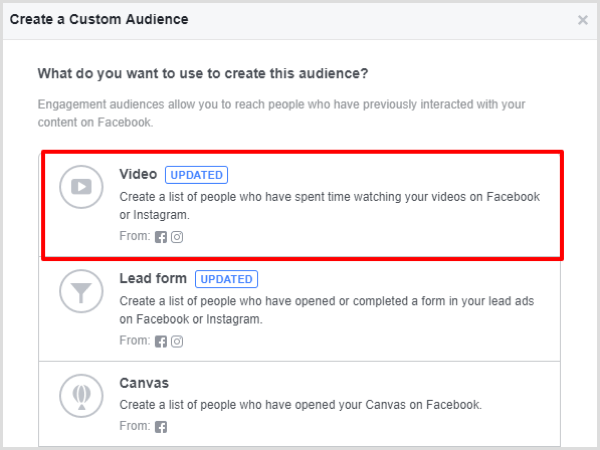 Vælg indstillingen Videoengagement for dit Facebook-tilpassede publikum.