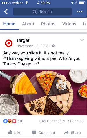 Dette Thanksgiving-indlæg fra Target vises godt på både desktop- og mobilfeeds.