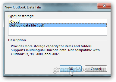 hvordan man opretter pst-fil til Outlook 2013 - klik på Outlook-datafil