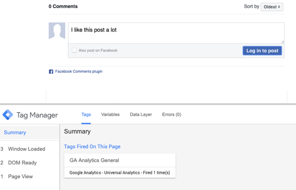 Brug Google Tag Manager med Facebook, trin 23, forhåndsvisning af kommentar med resumévalg for fyret Facebook-tag