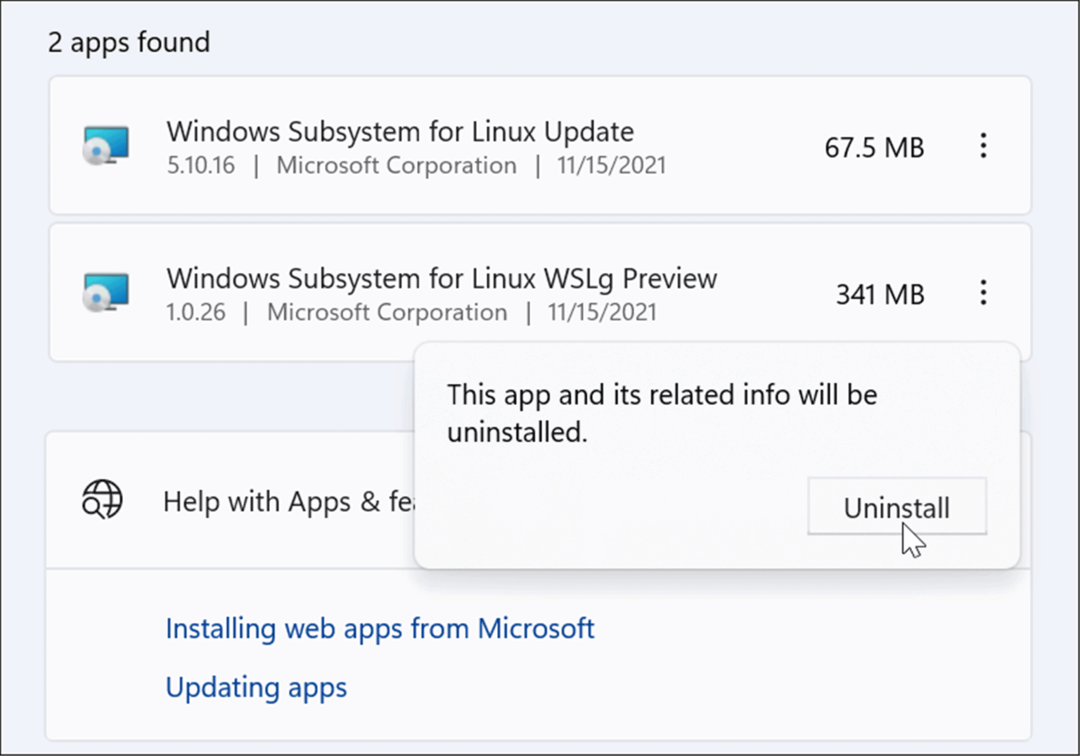 bekræft afinstaller Linux fra Windows 11