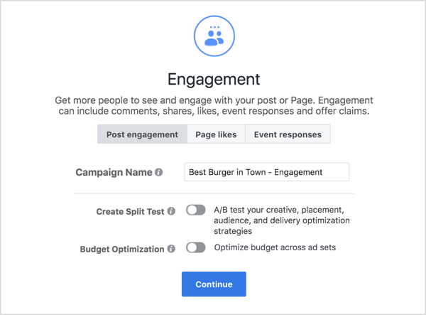 Indtast et navn til en Facebook-engagementskampagne.