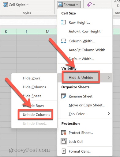 Excel-formatmenu viser kolonner