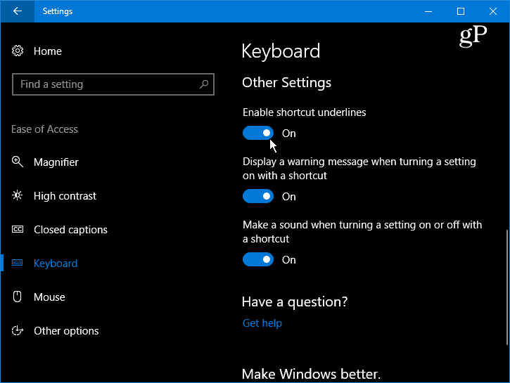Lav Windows 10 understregning og fremhæv genvejstaster til menuen