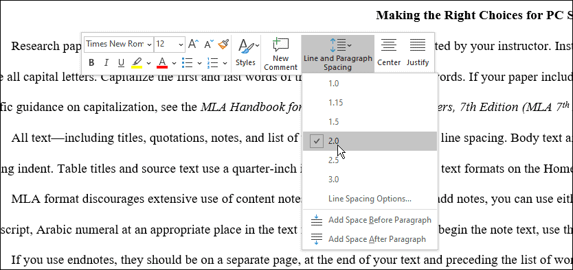 mellemrum brug mla-format i Microsoft Word