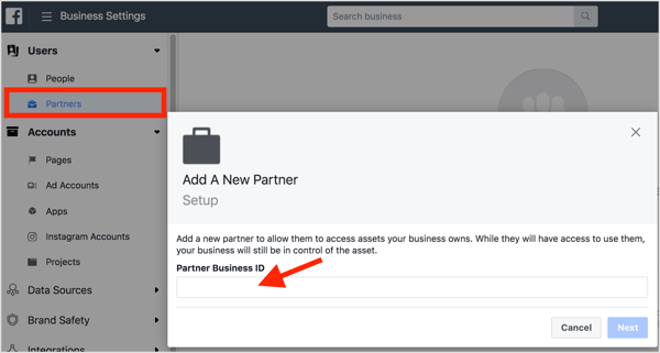 Hvis du vil dele kontoadgang, skal du tilføje dit bureaus Business Manager som partner til klientens Business Manager. 
