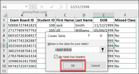 Oprettelse af en standardtabel i Excel