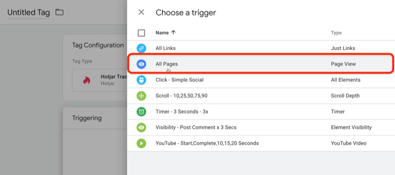 nyt google tag manager-tag med vælg en trigger-menuindstillinger med flere noterede, herunder klik - simpelt socialt, rul - 10,25,50,75,90, tid - 3 sekunder - 3x, blandt andre med alle valgte sider