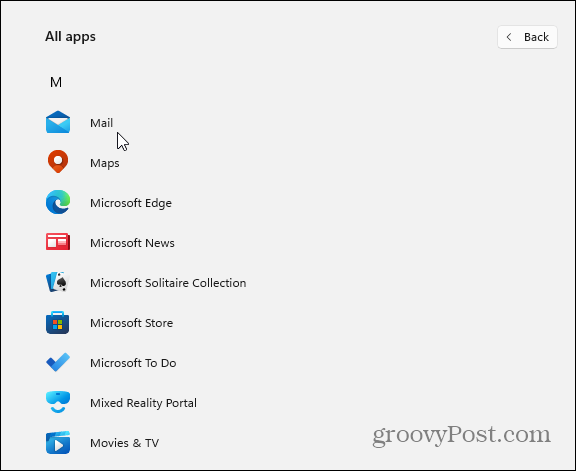 M-sektion af Apps på Windows 11 Start