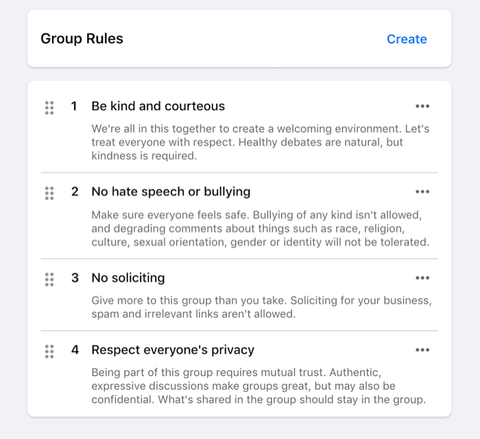 eksempel på regler, der er indstillet til en facebook-gruppe, som vær venlig, ingen hadefuld tale, ingen anmodning osv.