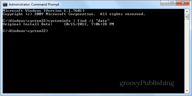 Windows installationsdato cmd-prompt systeminfo enter