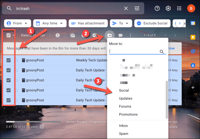 Flytning af e-mails uden for Gmails papirkurv