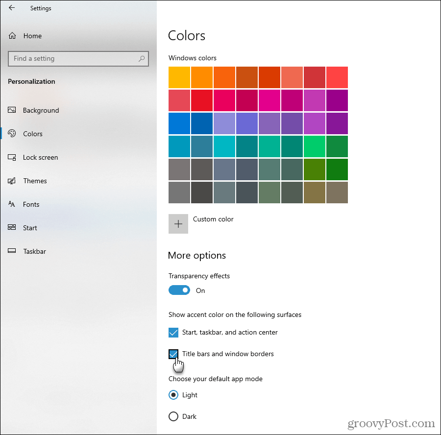 Vis indstillinger for accentfarve i Windows 10
