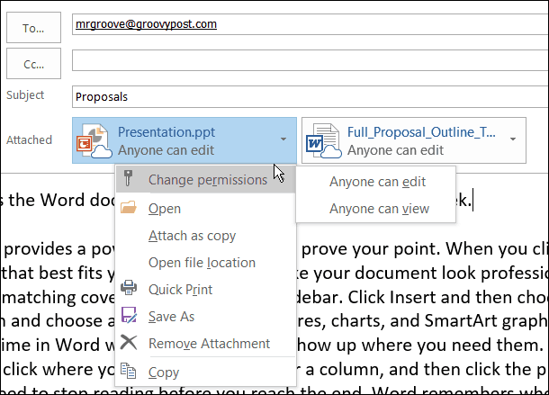 Preview fra Office 2016: Brug af moderne vedhæftede filer i Outlook