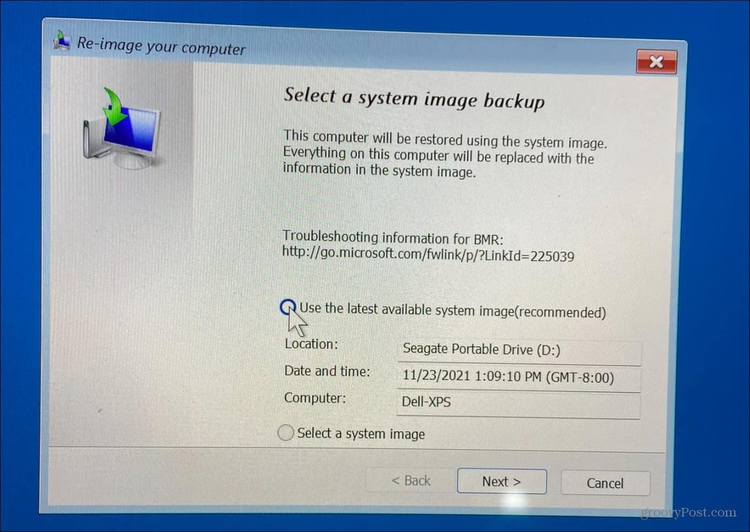 Vælg System Image Backup