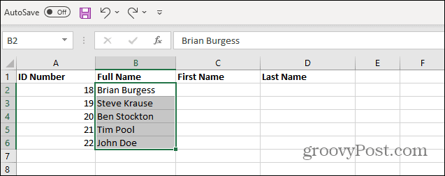 Vælg Navne fra List Excel