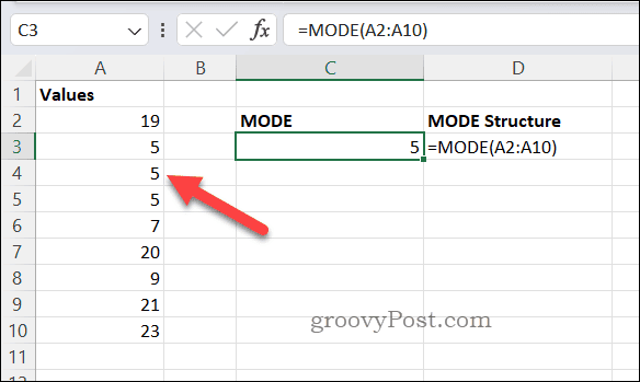 MODE formel resultat i Excel