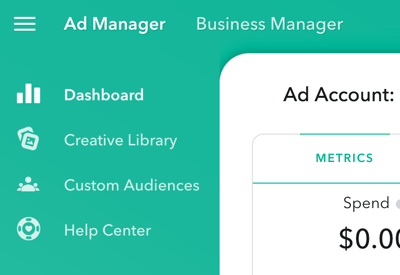 Ad Manager har fire hovedsektioner, som du kan få adgang til øverst til venstre på siden.